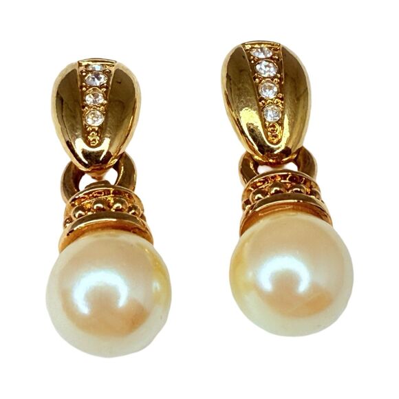 Vintage Gold-Tone White Pearl Door Knocker Dangle Earrings 1" Rhinestones - Picture 5 of 11